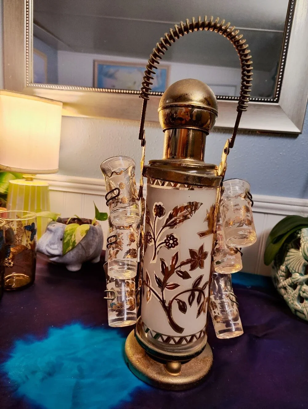 Vintage Gold-Trimmed Glass Liquor Decanter with Shot Glasses